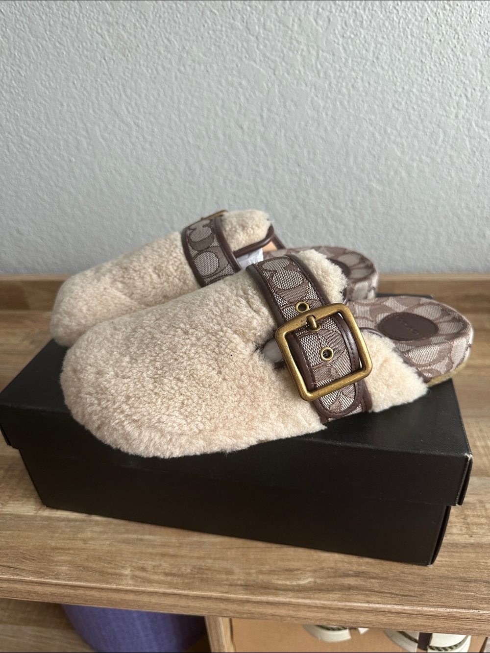 Coach Cream Shearling Clogs with Brown Signature Strap - Picture 3 of 6